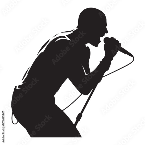 Man singer, man singing on mic, singer singing silhouette, vocalist singing to microphone Vector Black silhouette. with white background