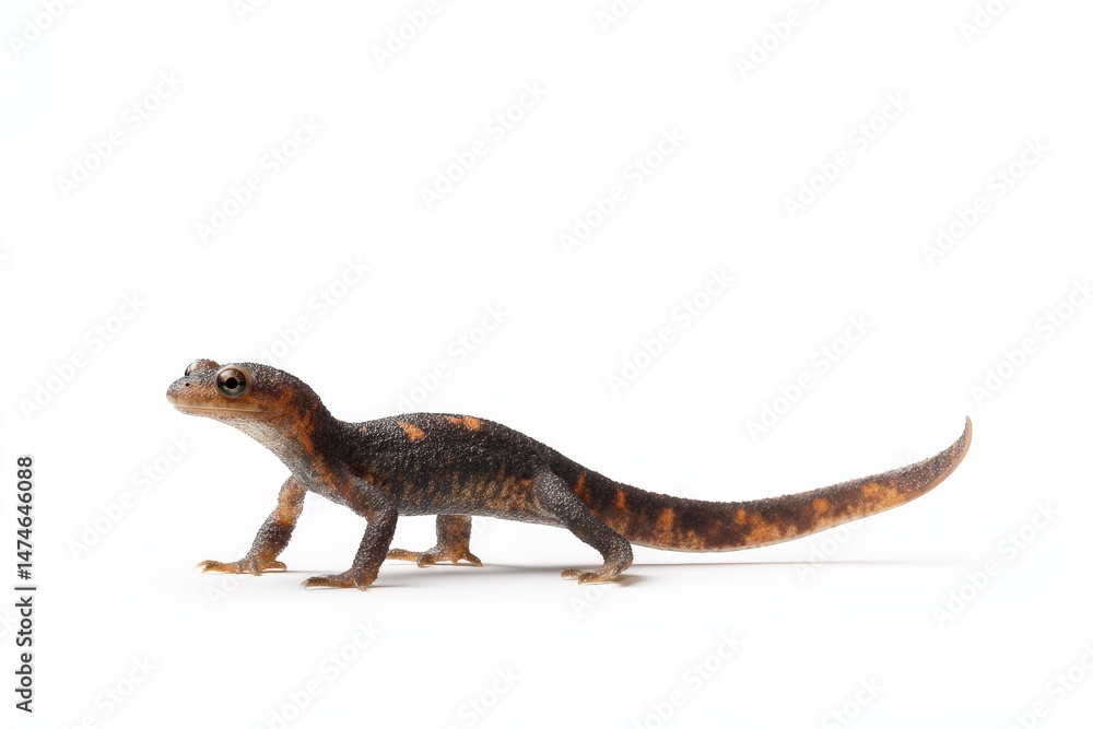 Fototapeta premium A small salamander with dark gray and orange markings crawls on a white background.