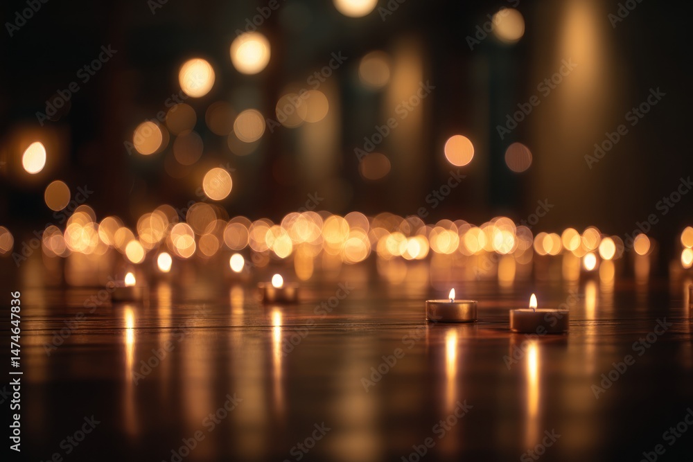 Many candles glow on a dark surface with blurred background lights. Many candles glow on a dark surface with blurred background lights.