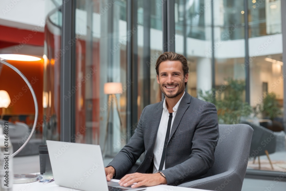 Man in suit smiles while working on laptop in modern office setting. Man in suit smiles while working on laptop in modern office setting.