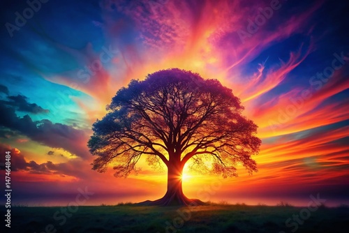 Vintage Neon Tree of Life Sunset Landscape - Digital Art