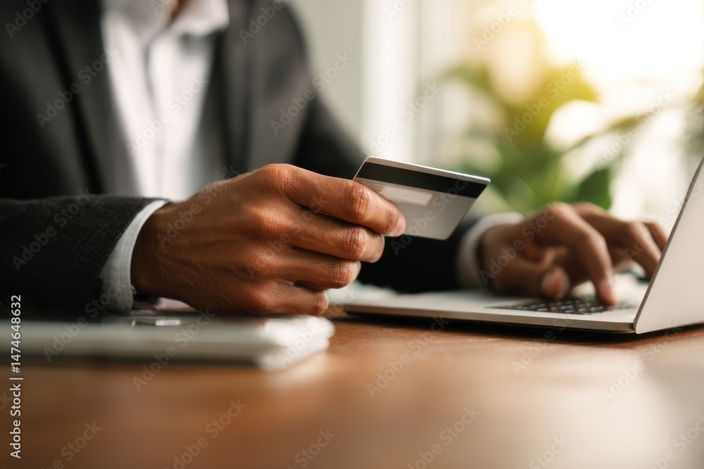 Person in suit uses laptop and credit card on a wooden desk. Person in suit uses laptop and credit card on a wooden desk.