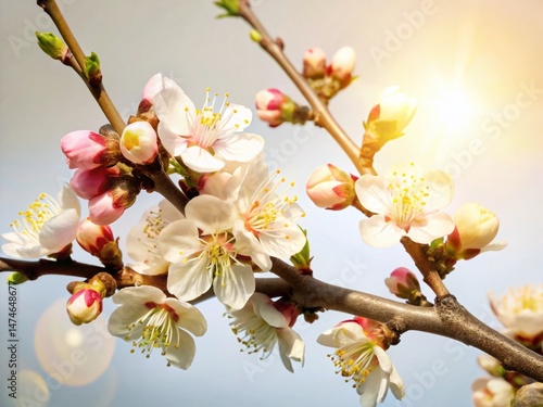 Vintage Peach Blossom Branch, Pink Background, Sun Flare - Stock Photo