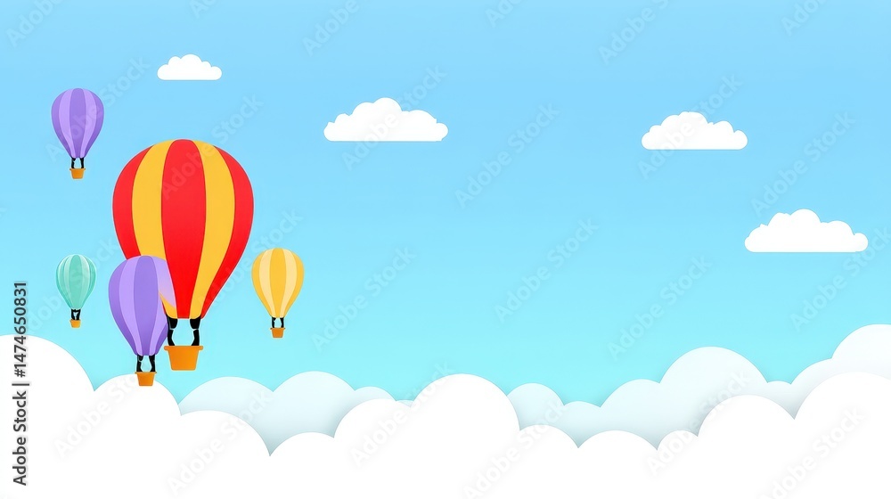 Fototapeta premium Colorful Hot Air Balloons Floating in a Bright Blue Sky with Soft White Clouds