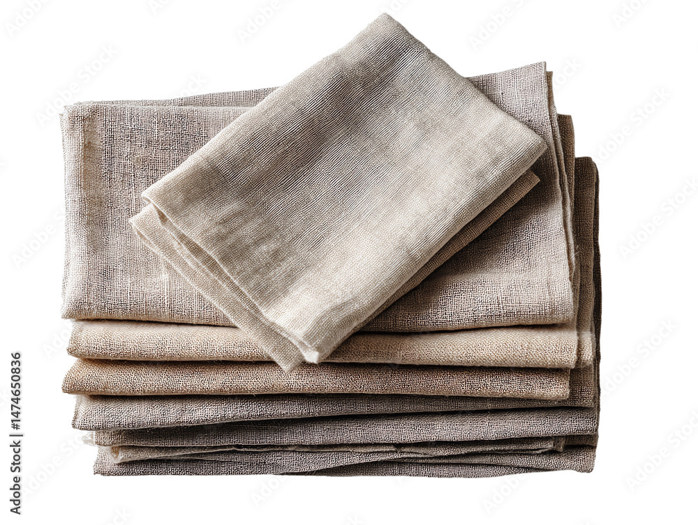 Stack of folded linen napkins in natural colors, on white background. Stack of folded linen napkins in natural colors, on white background.