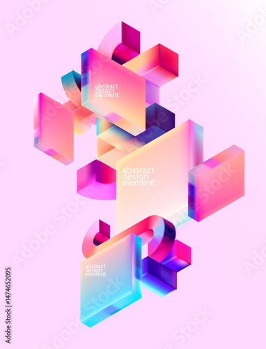 Multicolored 3D geometric shape . Glass iridescent forms. Abstract poster design for your advertising