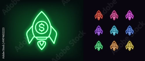 Outline neon money rocket icon. Glowing neon rocket flight with dollar coin icon, financial startup launch. Boost investments, money earn, fast business growth, finance market rise. Vector icon set