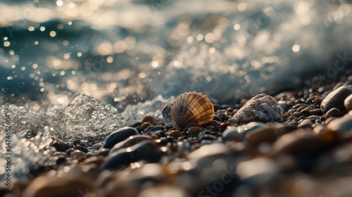 Seashell on Sandy Beach with Foam and Soft Sunlight