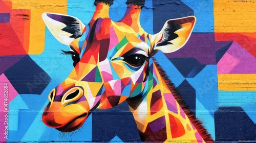 A colorful mural on a brick wall depicts a vibrant, geometric giraffe.