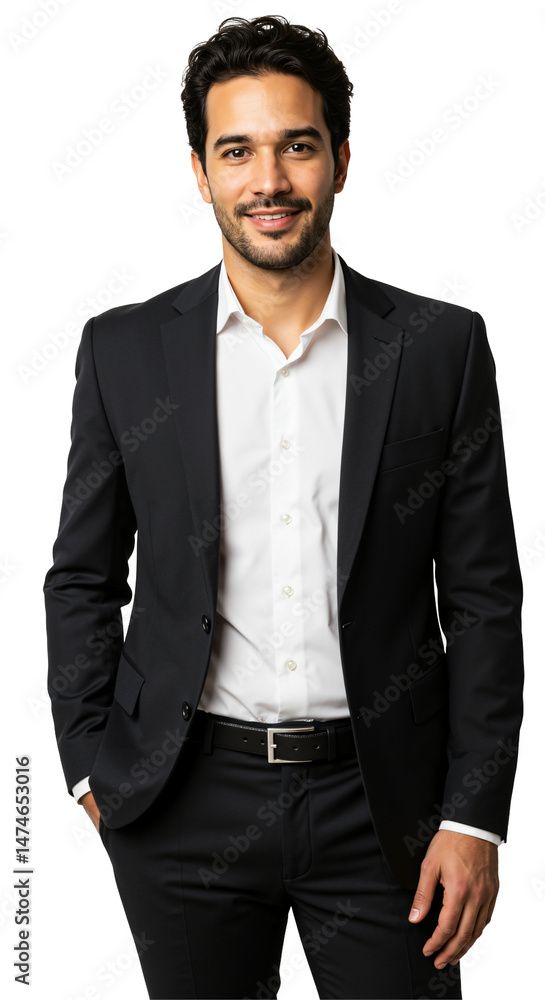 Fototapeta premium Confident young adult businessman of Middle Eastern descent, with dark hair and a smile, wearing a black suit and white shirt, posing professionally against a transparent background.