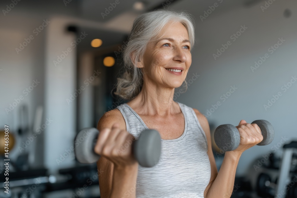 Smiling Senior Woman Exercising with Dumbbells: Active Healthy Lifestyle, Fitness Workout in Gym Smiling Senior Woman Exercising with Dumbbells: Active Healthy Lifestyle, Fitness Workout in Gym