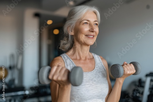 Smiling Senior Woman Exercising with Dumbbells: Active Healthy Lifestyle, Fitness Workout in Gym