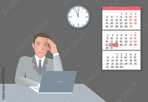 Business professional sits at a desk, focusing on a laptop. Wall clock and calendar marking deadline, Scene represents urgent after-hours job at night, time management, deadlines, and productivity.