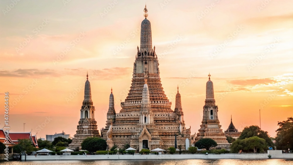 Fototapeta premium Wat Arun Temple at Sunset, Bangkok, Thailand - Majestic Silhouette