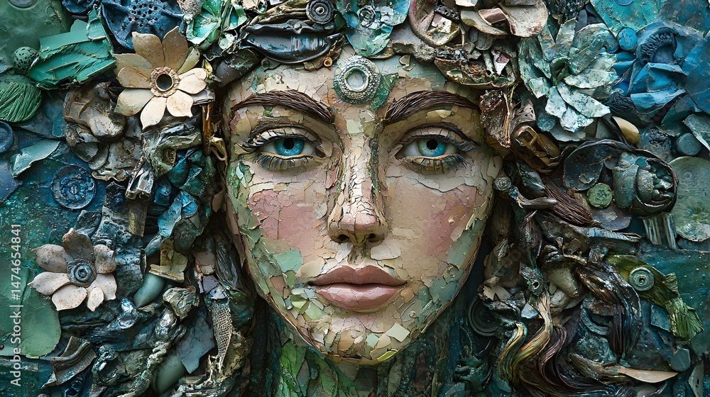 A captivating female portrait constructed from recycled materials. A captivating female portrait constructed from recycled materials.