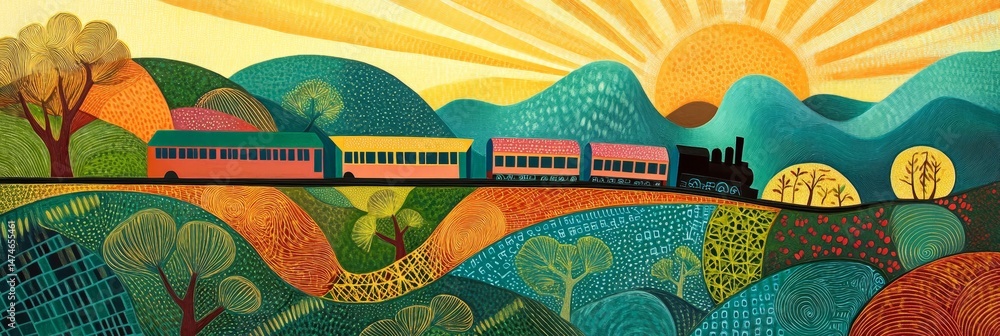 Train travels across a lake with mountains and a bright sun in background. Train travels across a lake with mountains and a bright sun in background.