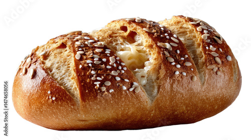 Artisan Bread: Capturing the essence of artisanal baking, a close-up shot of a freshly baked loaf of bread showcases its golden-brown crust, inviting texture and a sprinkle of seeds.