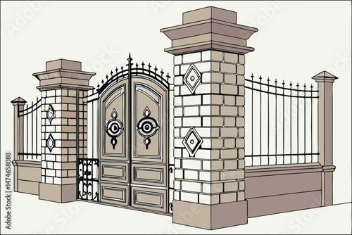62 ornate brick and stone entrance gate, intricate metalwork, decorative pillars, wrought iron fence, antique, elegant, classic architecture, realistic, detailed, photorealistic