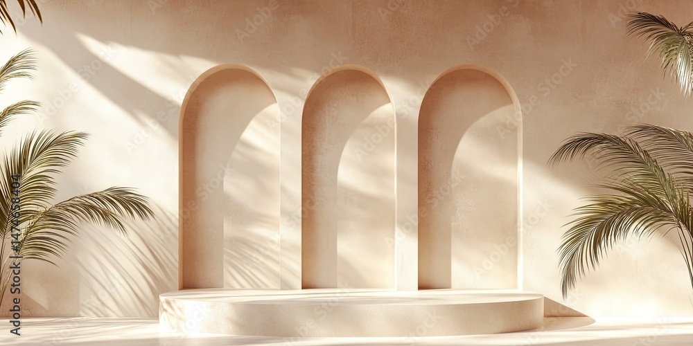 Obraz premium Sunlit beige platform with arched niches and palm fronds