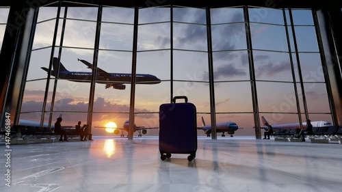 Traveler suitcases in airport terminal waiting area. Summer vacation concept. Suitcases in airport departure lounge, airplane in background. ULTRA HD.