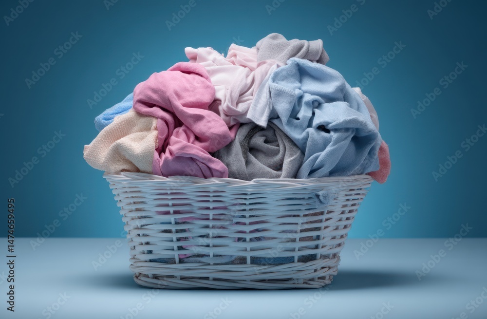 Obraz premium Laundry basket filled with colorful clothes against a blue background.
