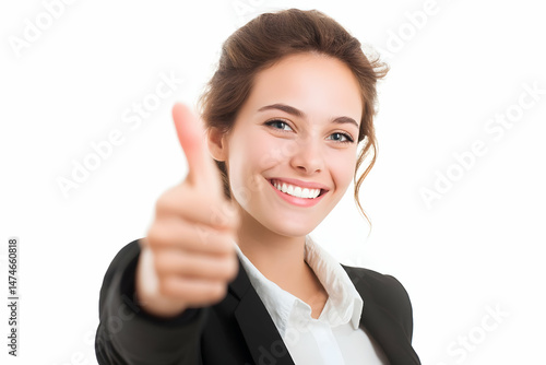 Smiling business woman giving a thumbs up gesture.
