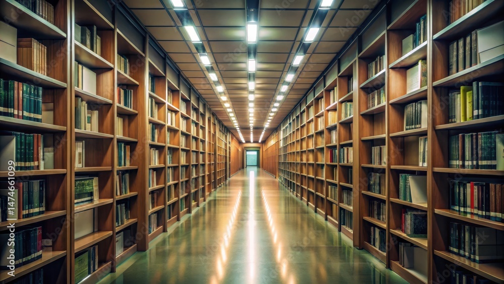 A long empty corridor with bookshelves lining both sides, dimly lit by soft fluorescent lights , Empty Classrooms , Empty College Library Corridor A long empty corridor with bookshelves lining both sides, dimly lit by soft fluorescent lights , Empty Classrooms , Empty College Library Corridor