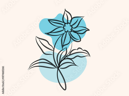Elegant Line Art Flower with Blue Abstract Background Botanical Illustration