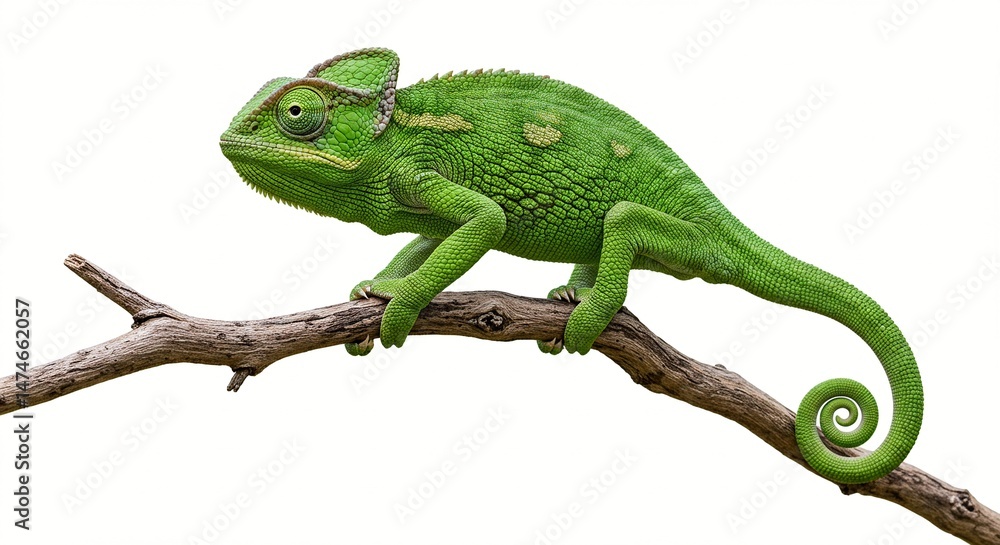 Obraz premium A vibrant green chameleon perched on a branch, showcasing its unique textures and spiral tail against a clean white backdrop.