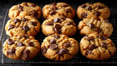 Freshly baked peanut butter cookies topped with chocolate chips on cooling rack