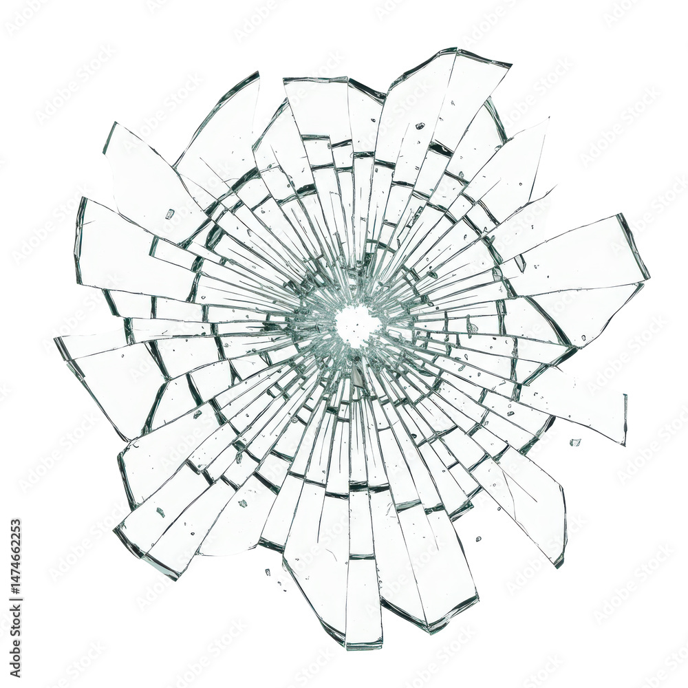 Obraz premium Intricate pattern of shattered glass on a black backdrop, radiating from a central point