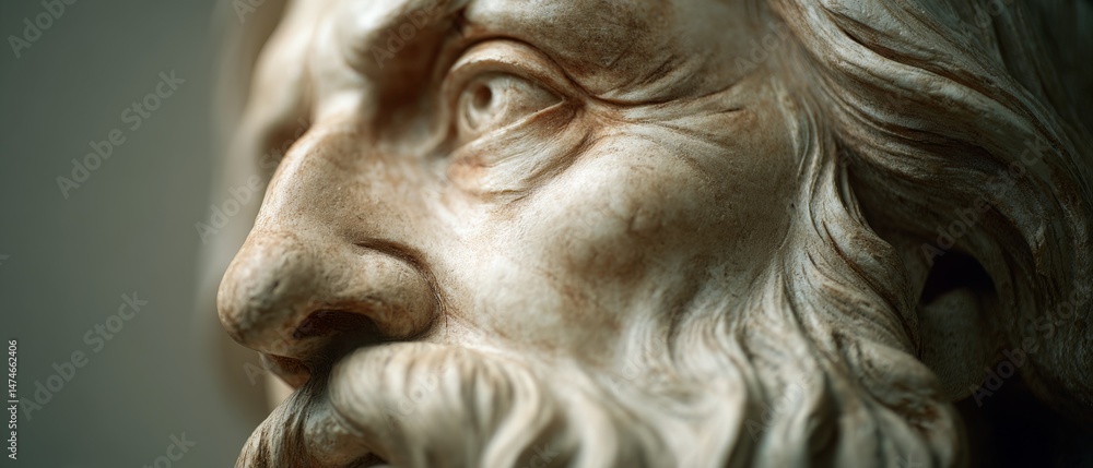 A close-up marble sculpture reveals intricate details of a wise, aged face with deep-set eyes and flowing hair. A close-up marble sculpture reveals intricate details of a wise, aged face with deep-set eyes and flowing hair.