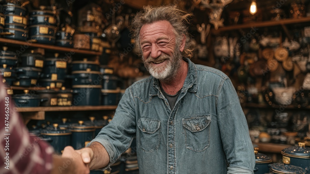 Man smiles in a shop filled with cookware and kitchen utensils. Man smiles in a shop filled with cookware and kitchen utensils.