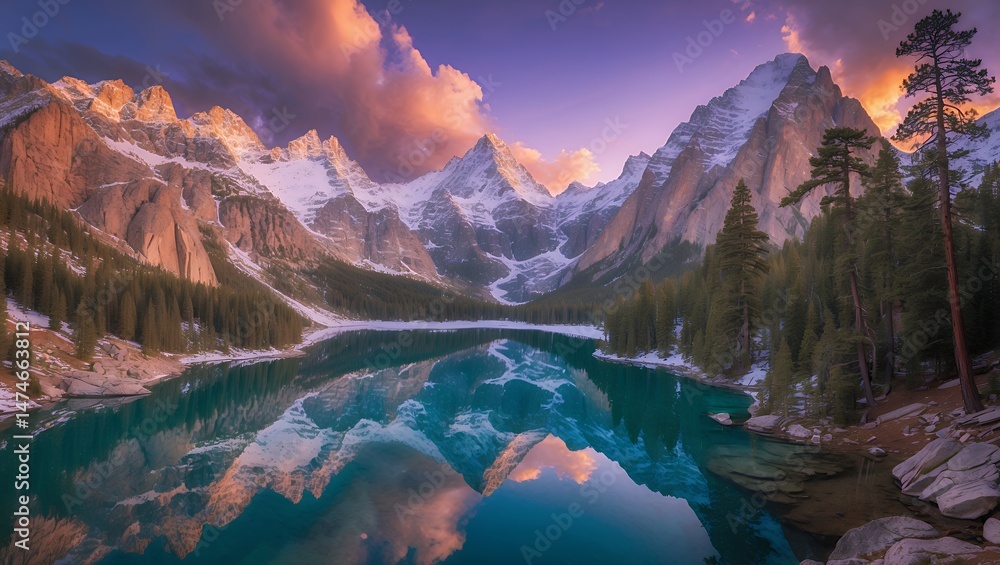 Fototapeta premium Lake Reflection of Snow Covered Mountains and Sunset Sky Landscape