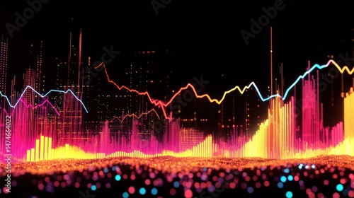 Vibrant Financial Data Visualization: Abstract Cityscape with Dynamic Stock Market Charts and Glowing Particles