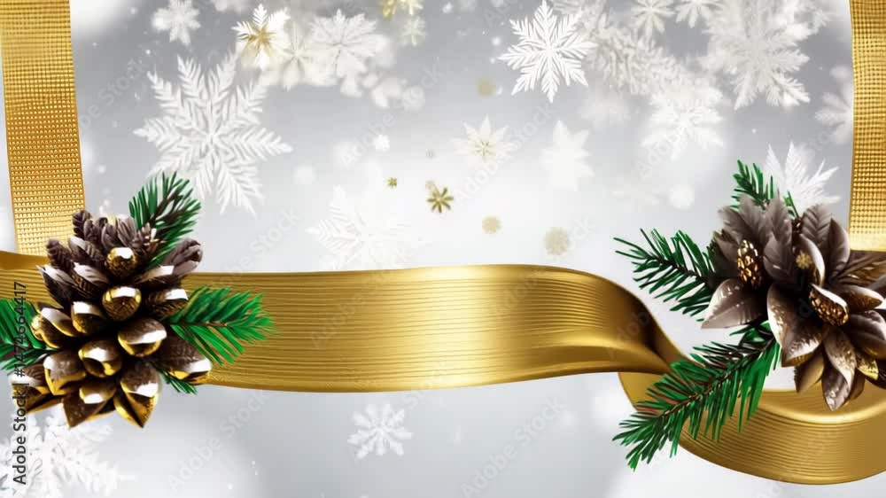 Festive Winter Wallpaper with Gold Ribbons and Pinecones - Loop Animation