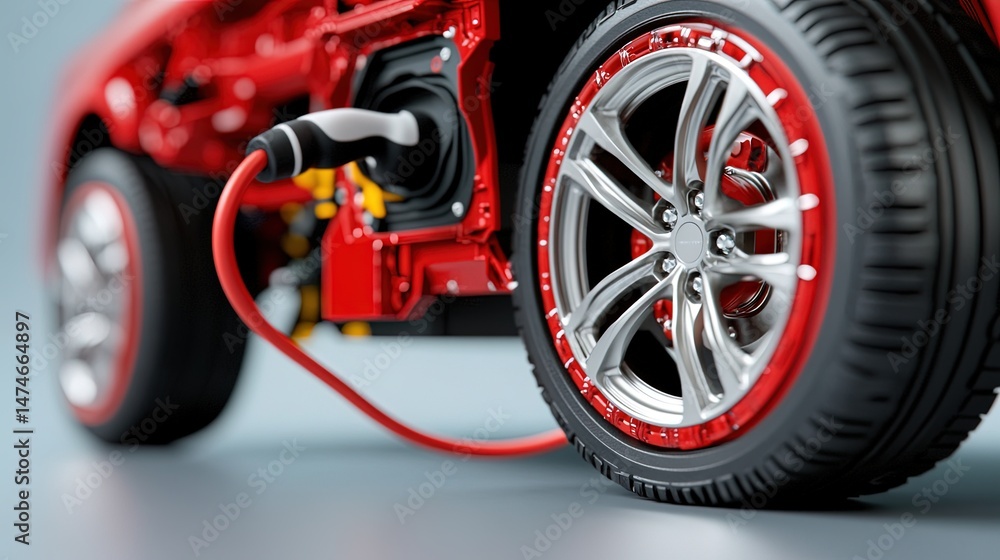 Fototapeta premium The mechanism that works when charging electric vehicles, with a focus on cable details. 