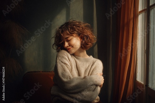 a young woman sitting alone in a cozy room with soft morning light, eyes closed, hugging herself gently, feeling safe and calm, concept of mental health and self-love, natural warm tones
