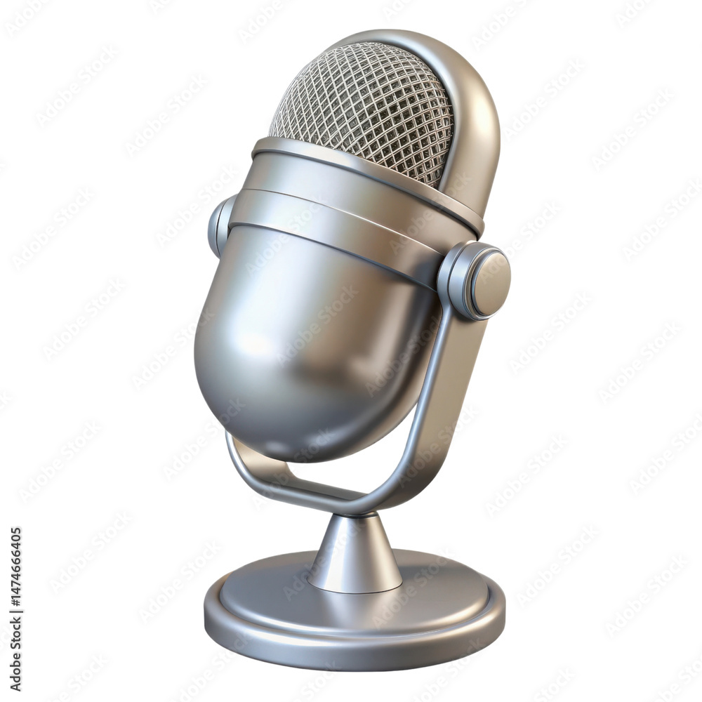 Classic silver microphone with a mesh grille and sturdy stand, designed for professional audio recording and broadcasting. Classic silver microphone with a mesh grille and sturdy stand, designed for professional audio recording and broadcasting.