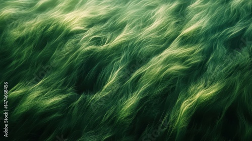 surreal aerial view of tall grass fields blowing in the wind, fluid, wave-like patterns, long exposure blur, soft golden-green hues, abstract natural texture,