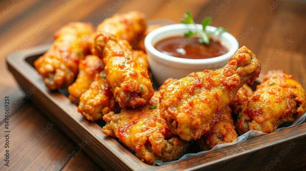 Crispy chicken wings served on a wooden tray with dipping sauce, garnished with herbs, photorealistic style, food photography, no background, high detail. Crispy chicken wings served on a wooden tray with dipping sauce, garnished with herbs, photorealistic style, food photography, no background, high detail.