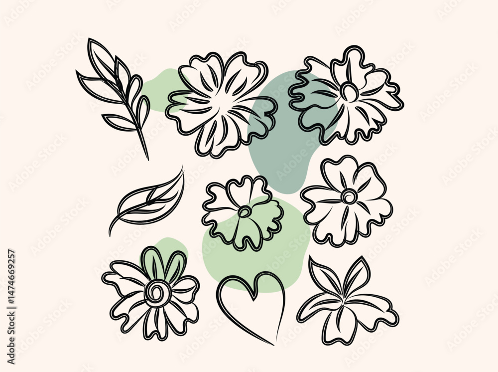 Fototapeta premium Elegant Line Art Floral Design with Abstract Green Shapes and a Heart