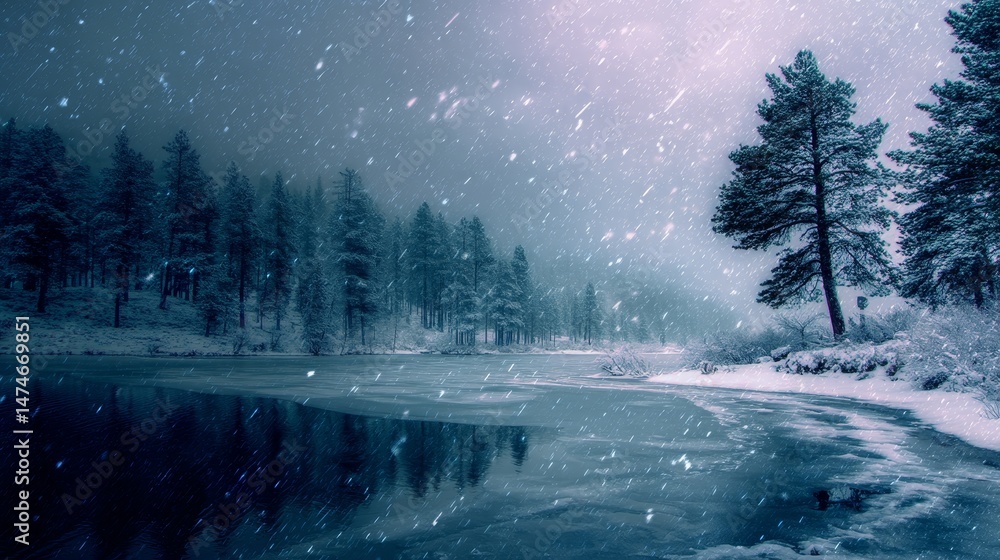 Fototapeta premium A snowy scene of a frozen lake on the edge of a lake and pine tree forest it is snowing, vibrant fantasy world