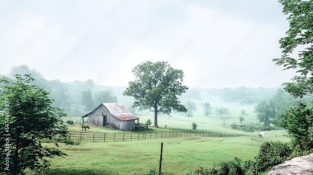 Rustic Farm Landscape with Barn and Livestock in Lush Green Pasture Under Overcast Sky Rustic Farm Landscape with Barn and Livestock in Lush Green Pasture Under Overcast Sky