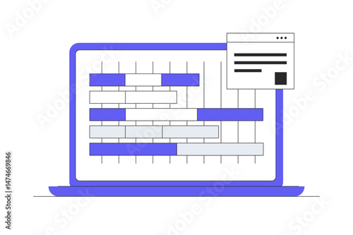 Computer laptop displays gantt chart assisting in planning for software development and project management. Flat Cartoon Vector Illustration, icon. Stylish abstract design landing page