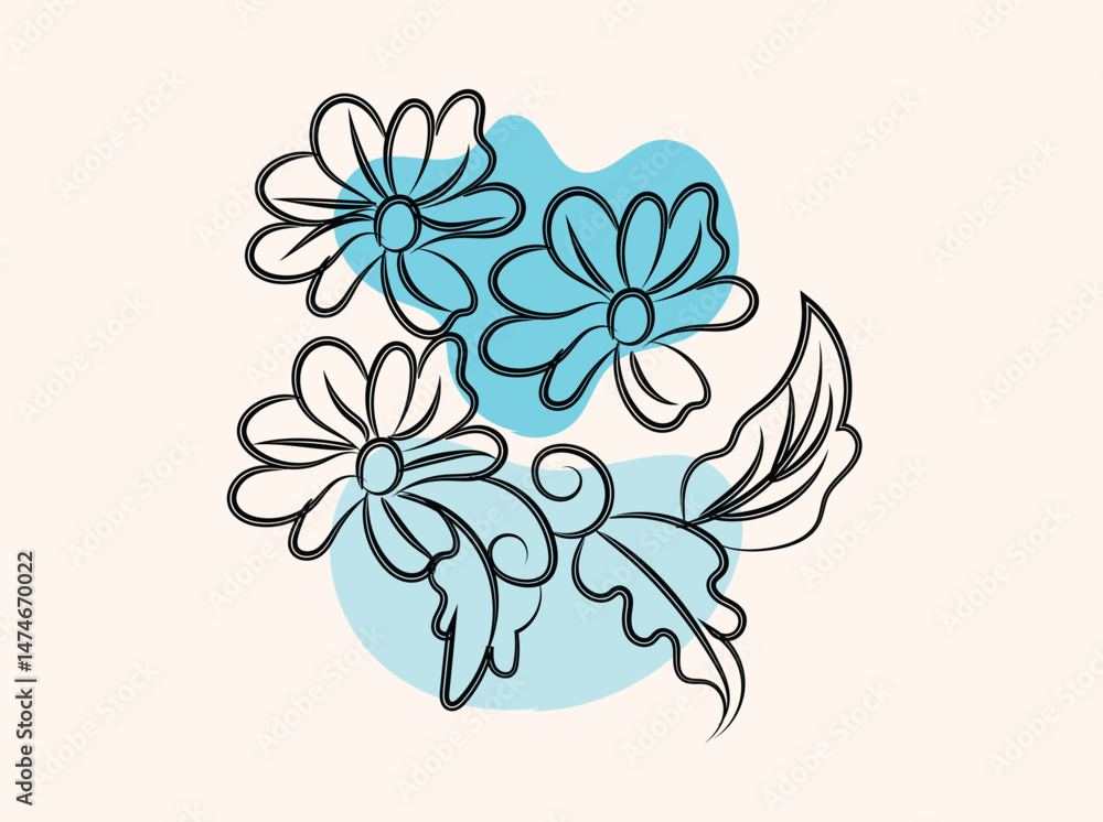 Obraz premium Elegant Line Art Floral Design with Three Daisies and Leaves on a Light Blue Background