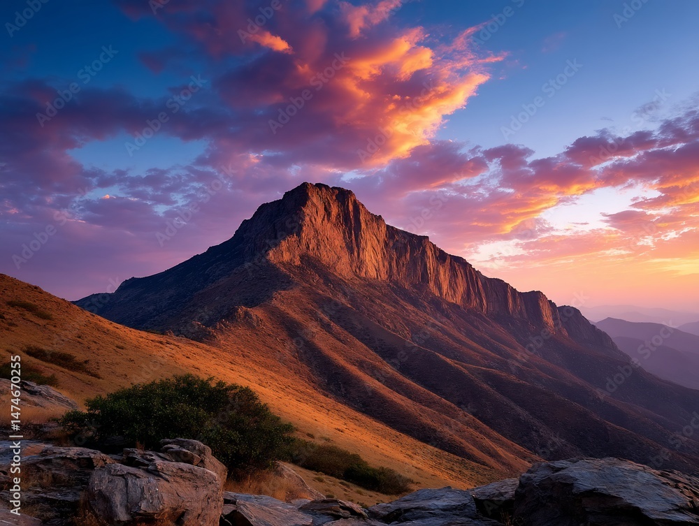Fototapeta premium Mountain peak illuminated by sunset with cloudy sky. Grassy slopes in the foreground