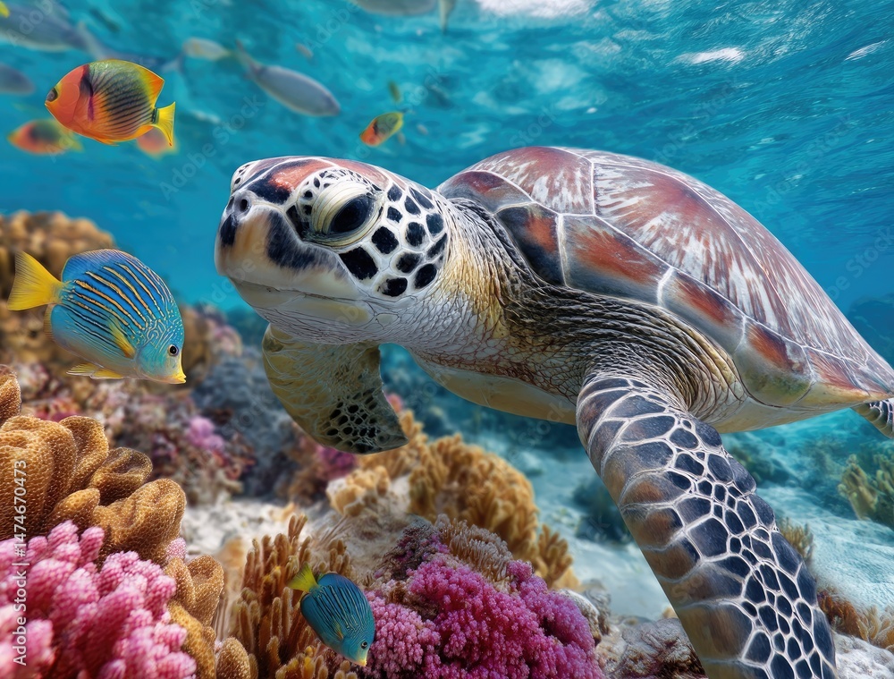 Obraz premium Turtle swimming in the ocean, surrounded by colorful coral reefs and tropical fish
