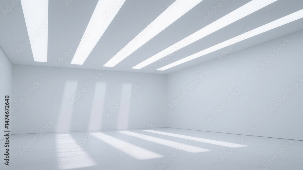 Fototapeta premium Empty white room with vertical light slit openings in the ceiling, creating a minimalist and airy interior design.