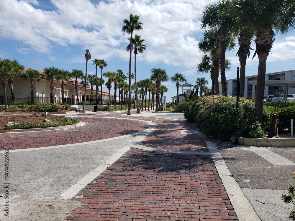 Fototapeta premium Brick driveway and sidewalk. Paved driveway and pedestrian area